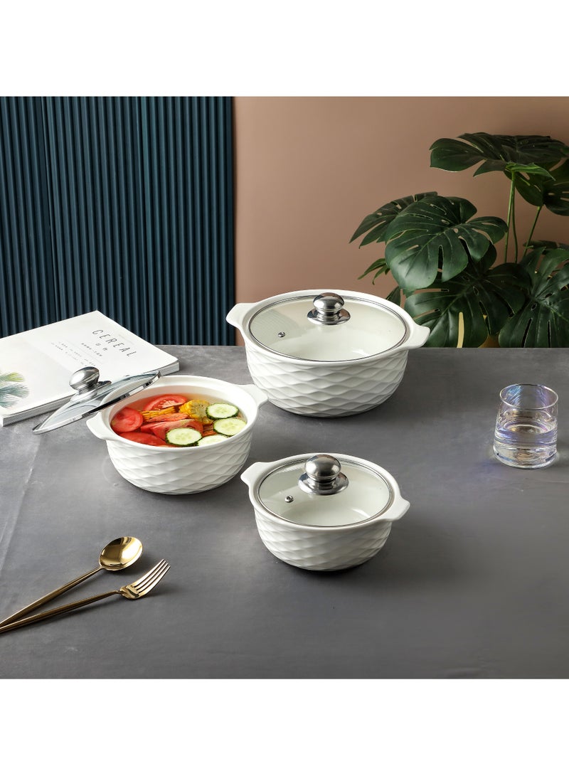 دوف طقم زبديات شوربة من البورسلان 3 قطع بغطاء زجاجي لون أبيض وفضي – مقاسات متعددة