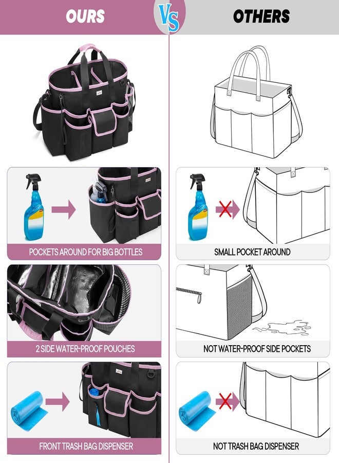 LoDrid Cleaning Caddy Bag with Handle and Shoulder Strap, Cleaning Supplies Organizer for Cleaning Work with 3 Compartments and Multifunctional Pockets, Black with Pink Edge - Image 5