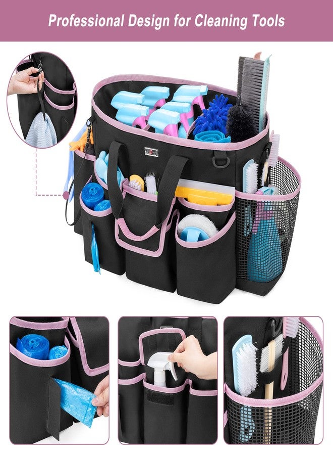 LoDrid Cleaning Caddy Bag with Handle and Shoulder Strap, Cleaning Supplies Organizer for Cleaning Work with 3 Compartments and Multifunctional Pockets, Black with Pink Edge - Image 2