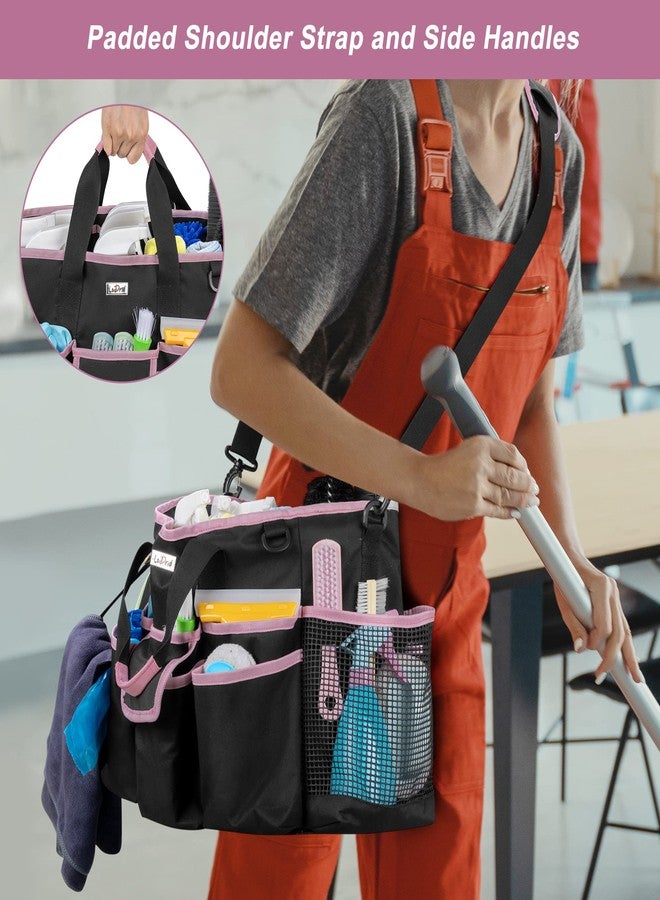 LoDrid Cleaning Caddy Bag with Handle and Shoulder Strap, Cleaning Supplies Organizer for Cleaning Work with 3 Compartments and Multifunctional Pockets, Black with Pink Edge - Image 4