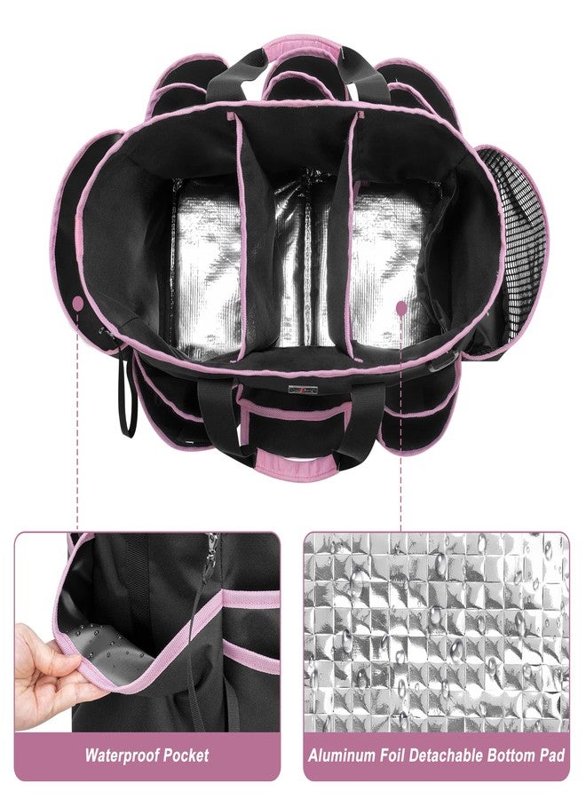 LoDrid Cleaning Caddy Bag with Handle and Shoulder Strap, Cleaning Supplies Organizer for Cleaning Work with 3 Compartments and Multifunctional Pockets, Black with Pink Edge - Image 3