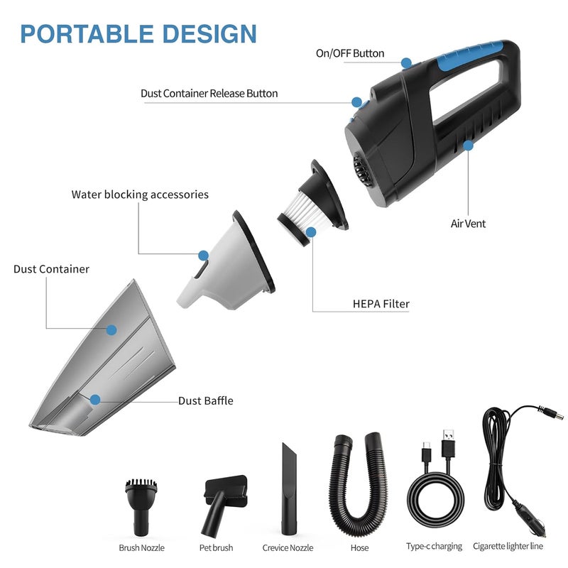 Lyrovo Vacuum Cleaner Car and Home 2 in 1 Portable Highpower 8000PA Wireless 7500mAh Cord and Cordless Function Blue - Image 2