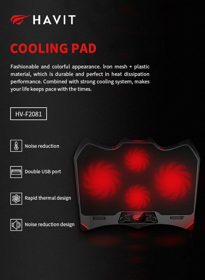 havit Laptop Cooling Pad, 2 Noise Reduction Fans, 3 Height Adjustable, Equipped with 2 USB Ports, Plug and Play - Image 2
