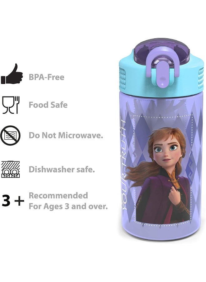 Zak Designs Disney Frozen 2 Kids Water Bottle Set With Reusable Straws And Built In Carrying Loops, Made Of Plastic, Leak-Proof Water Bottle Designs (Elsa And Anna, 16 Oz, Bpa-Free, 2Pieces Set) - Image 5