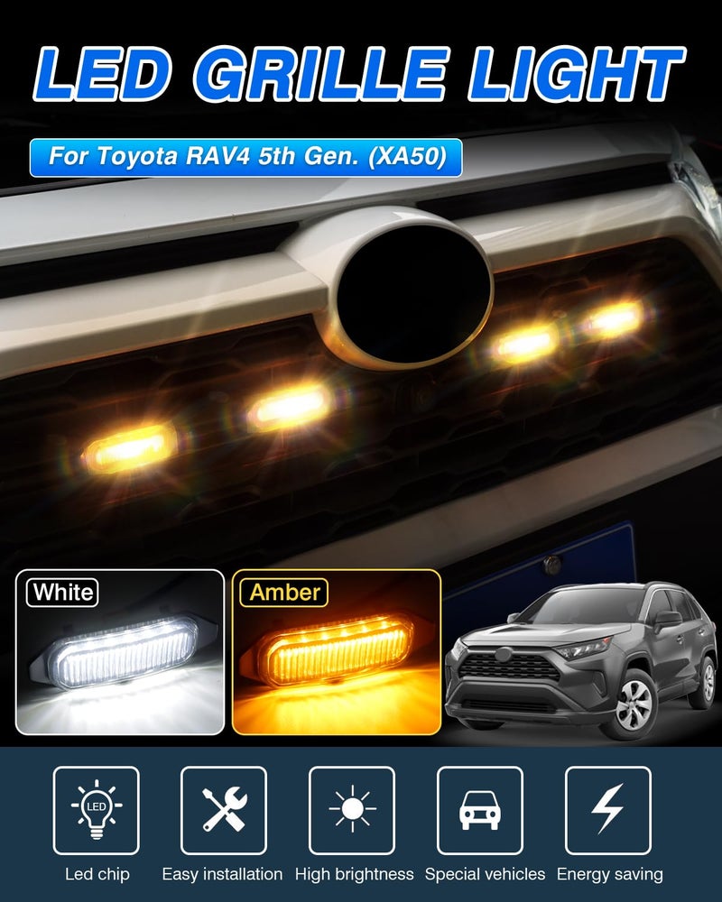 Autorder أضواء شبكة LED من Autorder لتويوتا RAV4 2025 2024 2023 2022 2021 2020 2019 ملحقات لمبات تحذير أمامية مع ضوء كهرماني وضوء أبيض 4 قطع (لا تناسب مغامرة / RAV4 PHEV) - Image 2