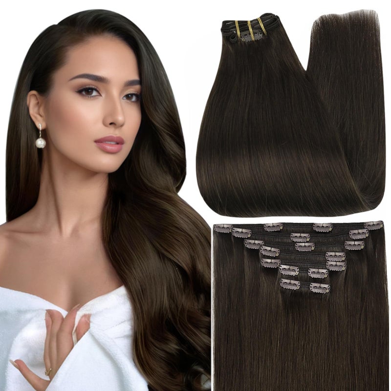 Full Shine Dark Brown 26 Inch Clip in Human Hair Extensions Soft Straight Brown Remy Human Hair Clip in Extensions for Long 7 Pcs 150 Grams