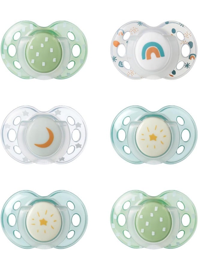 Tommee Tippee Night Time Glow in The Dark Pacifiers, Symmetrical Design, BPA-Free Silicone (18-36 Months, 6 Count), multicoloured - Image 1