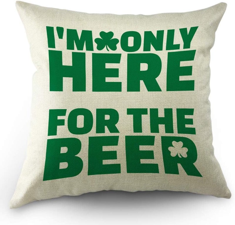 Moslion Lucky Leaf Pillow Case St Patrick I'm Here for The Beer Shamrock Throw Pillow Cover Decorative Happy Father's Day Square Cushion Accent Cotton Linen Canvas Home 18x18 Inch Green - Image 1