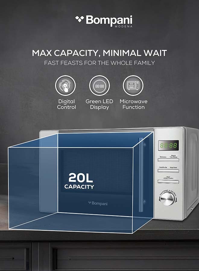 Bompani Microwave Oven With Digital Control, 5 Power Levels, 8 Auto Menus, And 30S Quick Start - Defrost By Weight/Time, Led Display, Glass Turntable, Cooking Timer, And End Signal With One Year Warranty 20 L 1050 W BMO20DS Grey - Image 4
