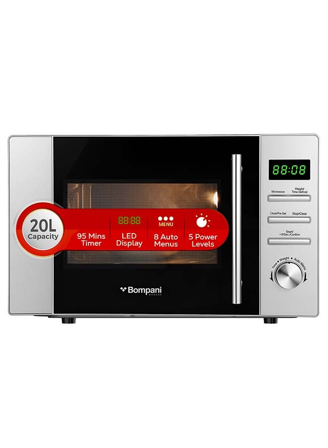 Bompani Microwave Oven With Digital Control, 5 Power Levels, 8 Auto Menus, And 30S Quick Start - Defrost By Weight/Time, Led Display, Glass Turntable, Cooking Timer, And End Signal With One Year Warranty 20 L 1050 W BMO20DS Grey - Image 1
