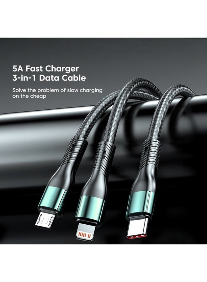كابل شحن سريع 3 في 1، 5 أمبير، نايلون مضفر، 1.2 متر، USB إلى Type-C + Micro + Lightning، كابل بيانات متعدد الشحن، سلك نايلون متين، شحن سريع ومزامنة، متوافق مع جميع الهواتف الذكية والأجهزة اللوحية - Image 1