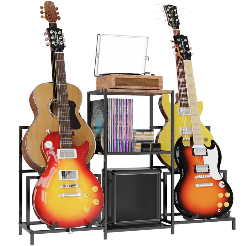 VGMiu Guitar Rack Multi Guitar Stand for Multiple Guitars, Multiple Guitar Rack Holder with 3 Tier Shelf for Acoustic, Electric Guitar, Bass, Record Player, Guitar Display Stand for Home Music Studio - Image 1