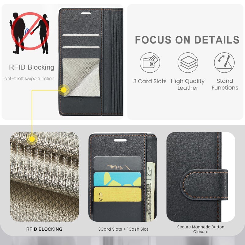 FLIPALM Wallet Case for Samsung Galaxy A16 5G, RFID Blocking Credit Card Holder, PU Leather Folio Flip Kickstand Protective Shockproof Cover for Galaxy A16 (Black) - Image 3