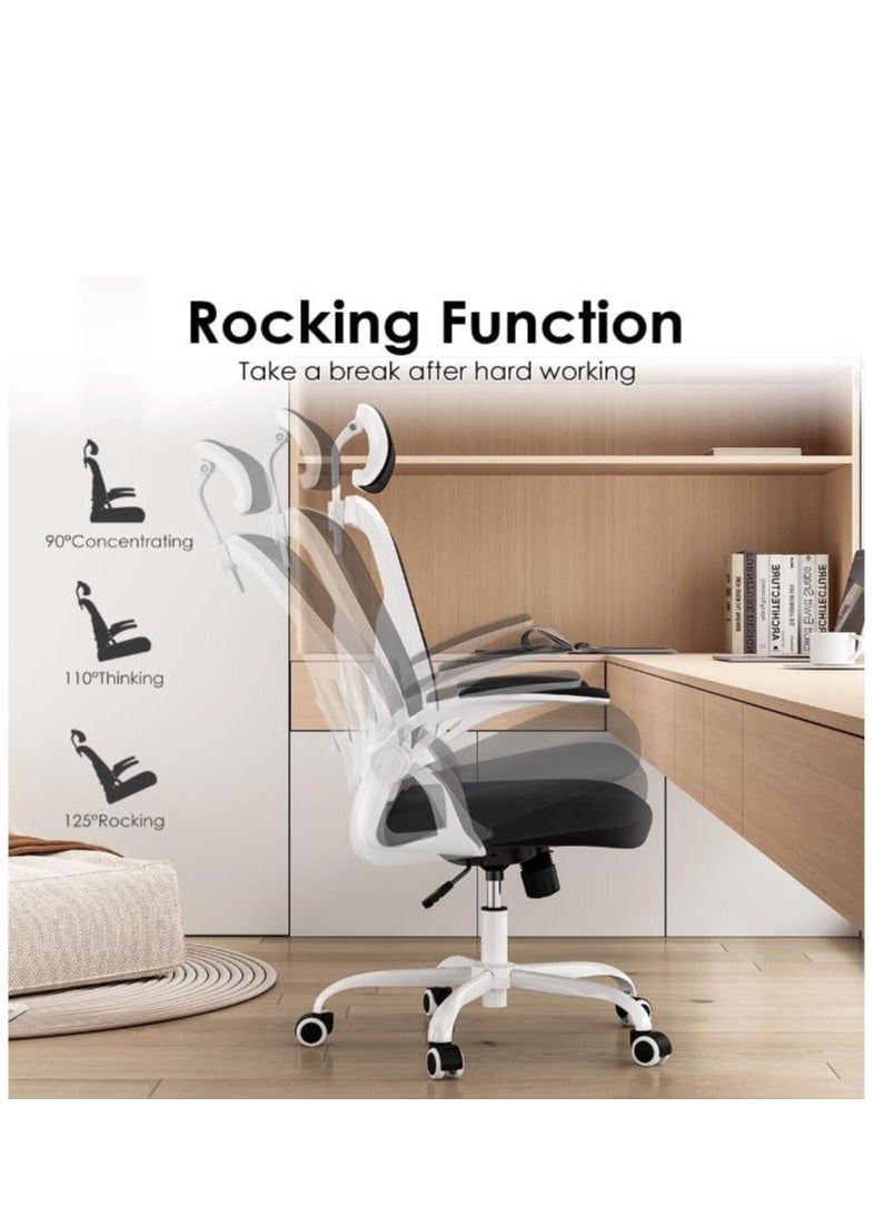 Golden Ergonomic Office Chair, Mesh Office Chair with 3D Headrest, High Back Office Chair with Coat Hanger, Tilt Function, Lumbar Support Office Chair for Home Office (White) - Image 5