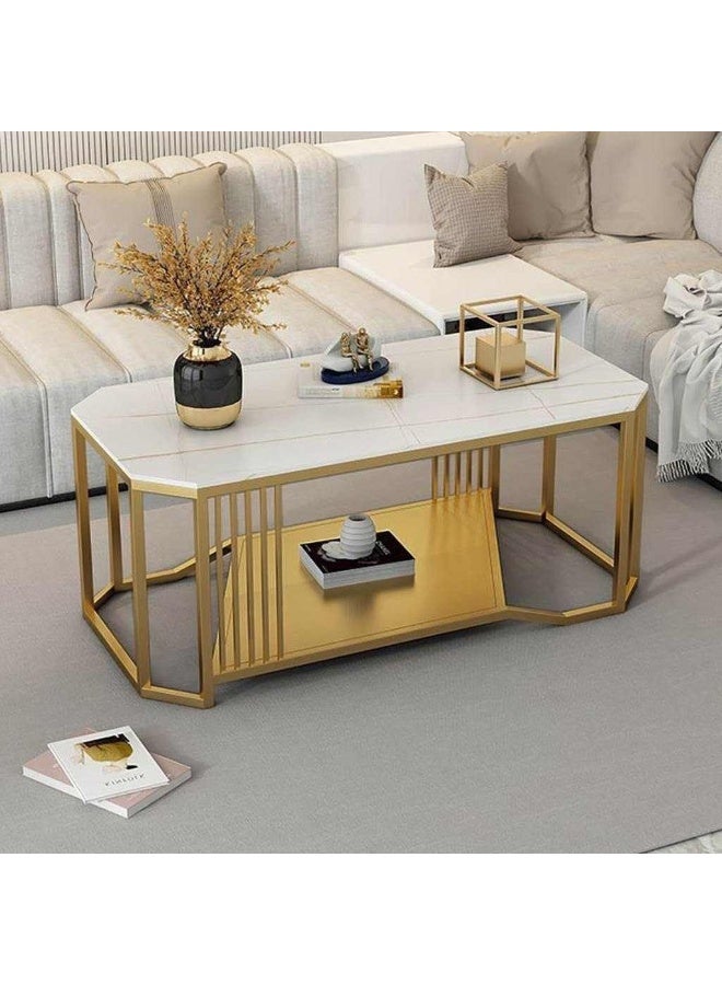 Modern and contemporary coffee table, golden steel frame, white marble top, 2 levels