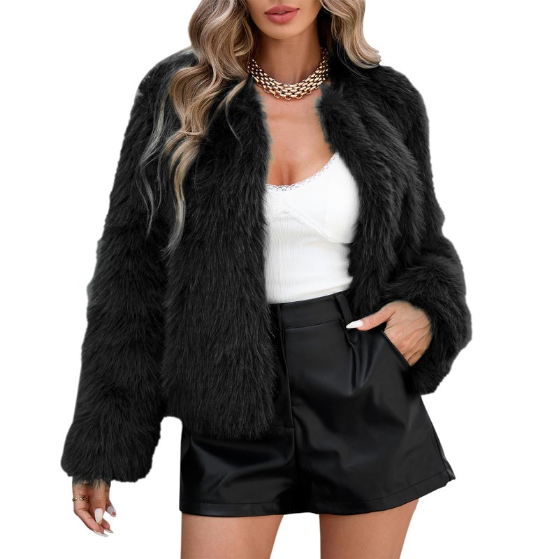 Zando Black Faux Fur Coats for Women - Black Faux Fur Jacket Women Formal Long Sleeve Pockets Shaggy Cropped Jacket Womens Fluffy Warm Winter Coats 2026 for Daily Weddings Parties Office M - Image 1