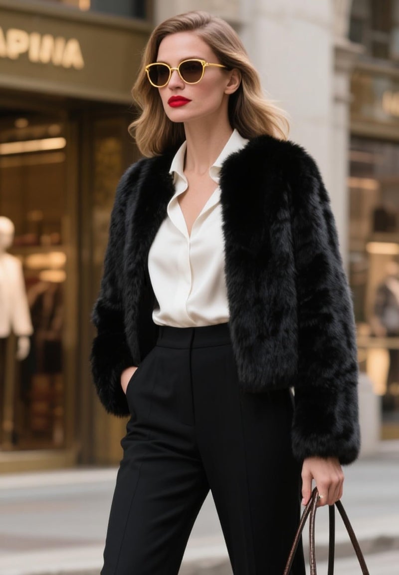 Zando Black Faux Fur Coats for Women - Black Faux Fur Jacket Women Formal Long Sleeve Pockets Shaggy Cropped Jacket Womens Fluffy Warm Winter Coats 2026 for Daily Weddings Parties Office M - Image 3