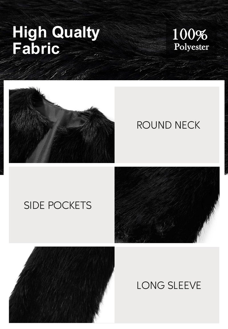 Zando Black Faux Fur Coats for Women - Black Faux Fur Jacket Women Formal Long Sleeve Pockets Shaggy Cropped Jacket Womens Fluffy Warm Winter Coats 2026 for Daily Weddings Parties Office M - Image 4