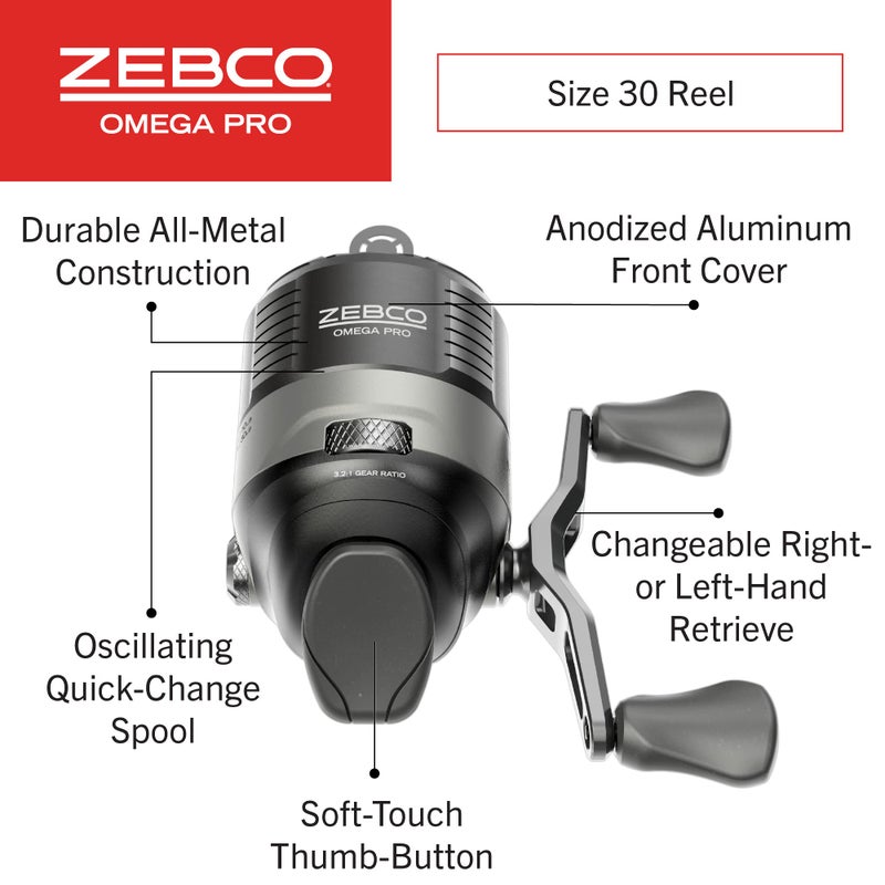Zebco Omega Pro Spincast Fishing Reel, Size 30 Reel, Dual Ceramic Pick-up Pins, Solid-Brass Pinion Gear, GlideLine ll Line Retrieval System, Pre-Spooled with 10-Pound Fishing Line, Braid Ready, Black - Image 2