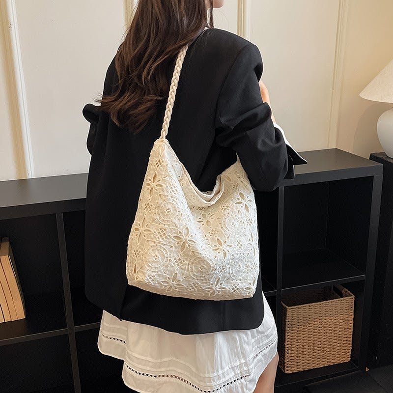 Canvas Bucket Bag with Floral Embroidery, Lace Trim, and Shoulder Strap - Image 2
