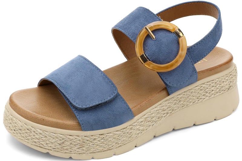 UBFEN Womens Espadrille Platform Sandals Low Wedge Heel - Orthopedic Arch Support, Cushion Insole, Comfortable Dressy Buckle Sandals for Walking and Vacation A Khaki Size US 10 - Image 1