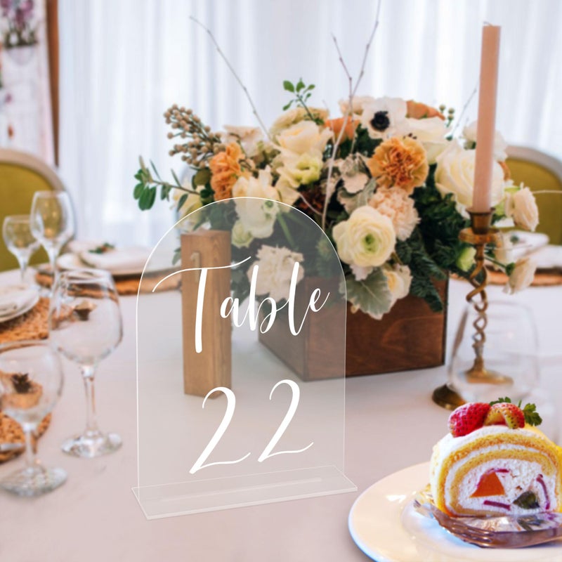 JOYIT Arch Wedding Table Numbers 1-20 with Stands â€“ 5" X 7" Acrylic Table Signs with Clear Background White Text, Perfect Acrylic Table Numbers for Wedding Receptions, Parties, Anniversaries, and Events - Image 5