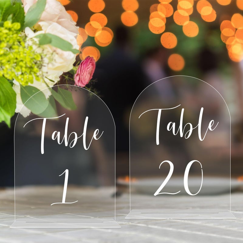 JOYIT Arch Wedding Table Numbers 1-20 with Stands â€“ 5" X 7" Acrylic Table Signs with Clear Background White Text, Perfect Acrylic Table Numbers for Wedding Receptions, Parties, Anniversaries, and Events - Image 1