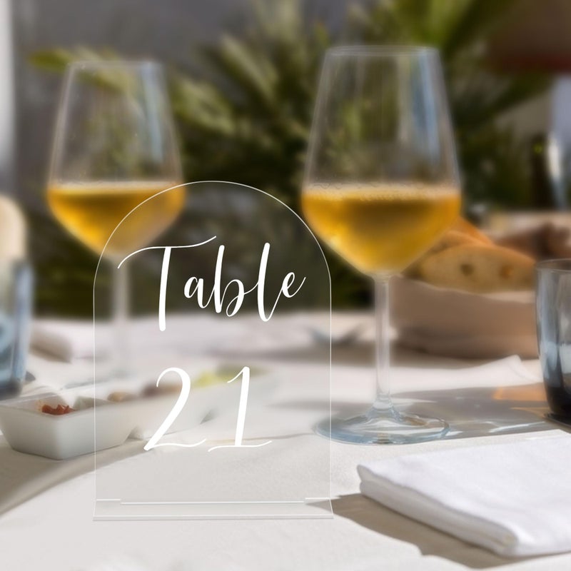 JOYIT Arch Wedding Table Numbers 1-20 with Stands â€“ 5" X 7" Acrylic Table Signs with Clear Background White Text, Perfect Acrylic Table Numbers for Wedding Receptions, Parties, Anniversaries, and Events - Image 4