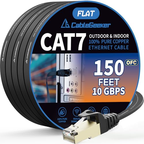 CableGeeker Cat7 Shielded Ethernet Cable 150ft (Highest Speed Cable) Flat Ethernet Patch Cable Support Cat5/Cat6 Network,600Mhz,10Gbps - Black Computer Cord + Free Clips and Straps for Router Xbox - Image 1