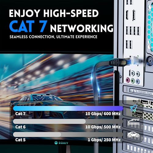 CableGeeker Cat7 Shielded Ethernet Cable 150ft (Highest Speed Cable) Flat Ethernet Patch Cable Support Cat5/Cat6 Network,600Mhz,10Gbps - Black Computer Cord + Free Clips and Straps for Router Xbox - Image 2