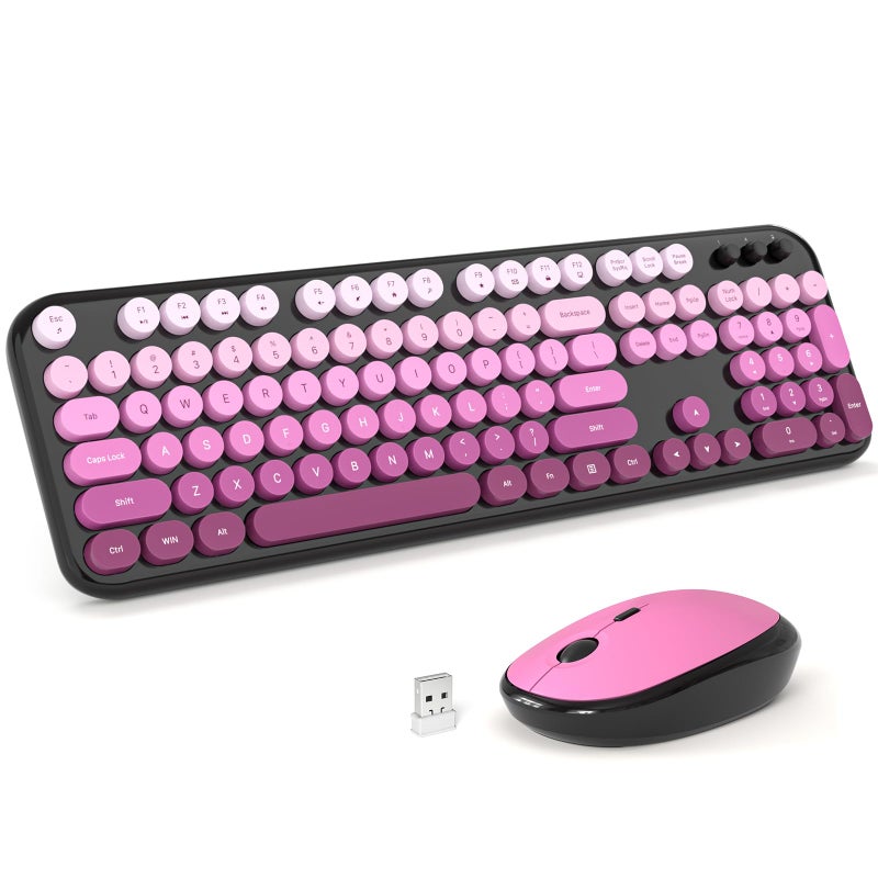 MOFII Wireless Keyboard and Mouse Combo, Full Size 2.4G Retro Round Computer Keyboard and Mouse Set, Plug and Play, for Windows, Computer, Desktop, PC, Notebook - (Black Pink Gradient) - Image 1