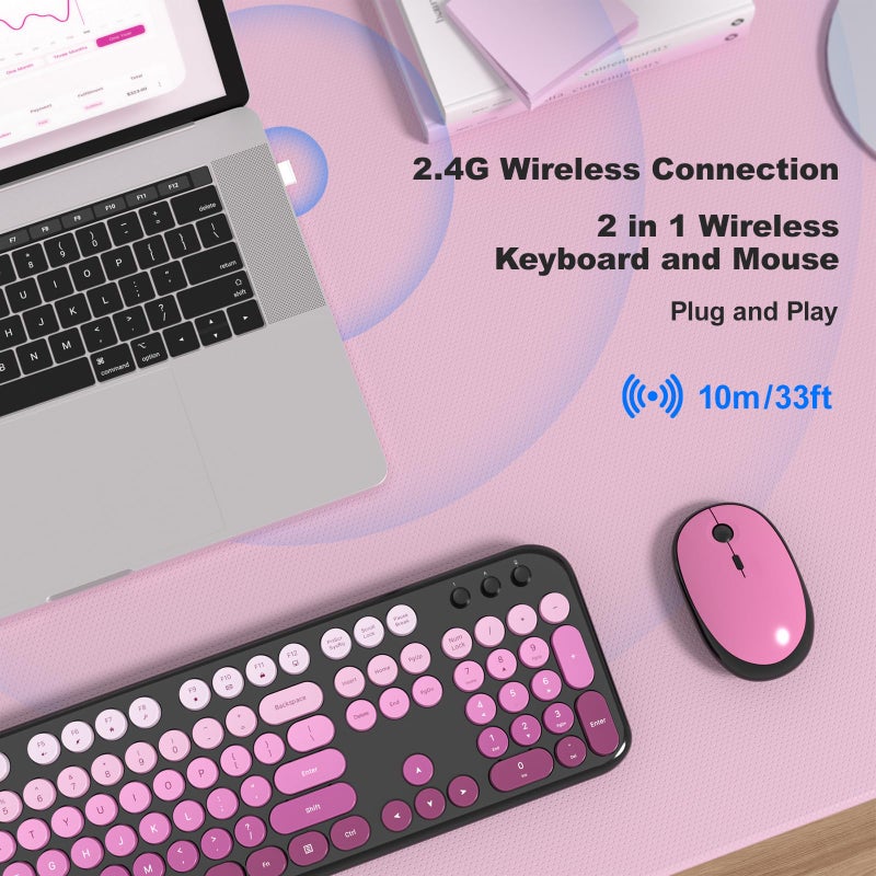 MOFII Wireless Keyboard and Mouse Combo, Full Size 2.4G Retro Round Computer Keyboard and Mouse Set, Plug and Play, for Windows, Computer, Desktop, PC, Notebook - (Black Pink Gradient) - Image 3
