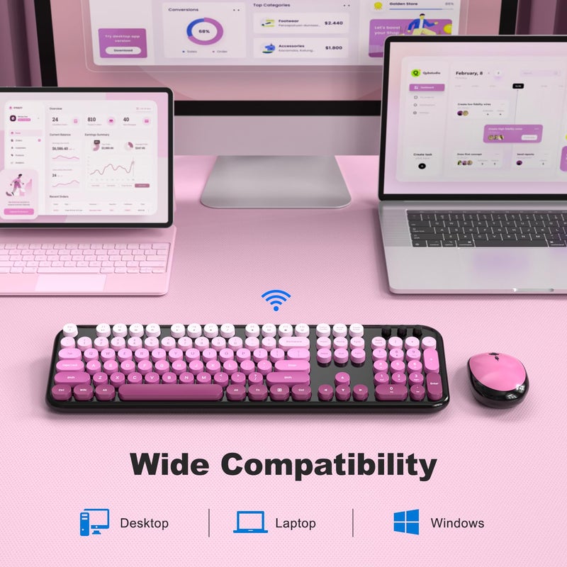 MOFII Wireless Keyboard and Mouse Combo, Full Size 2.4G Retro Round Computer Keyboard and Mouse Set, Plug and Play, for Windows, Computer, Desktop, PC, Notebook - (Black Pink Gradient) - Image 2