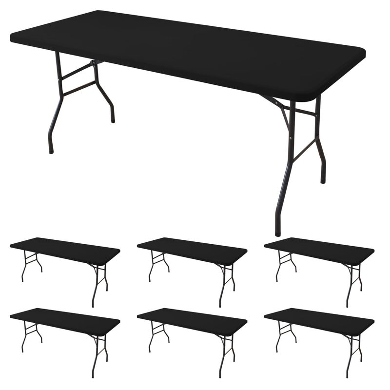 Enjoyidea Fitted Tablecloth for 8 Foot Rectangle Tables-6 Pack Black Elastic Outdoor Picnic Table Cover-Spandex Stretch Folding Table Cloths 8ft for Camping Dining Room Patio Kitchen Banquet Party - Image 1
