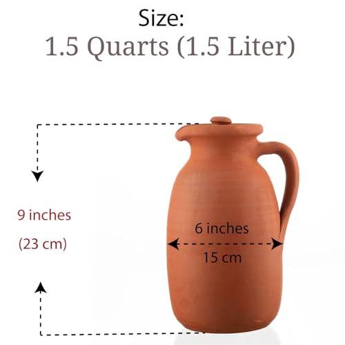 Vissmarta Handmade Natural Clay Terracotta Earthenware Earthen Water Pitcher Jug Pot with Lid for Drinking Drink Ayurveda Healthy Unglazed Pottery Style Indian Mud Kitchen Farmhouse Bottle Mexican Bohemian - Image 3