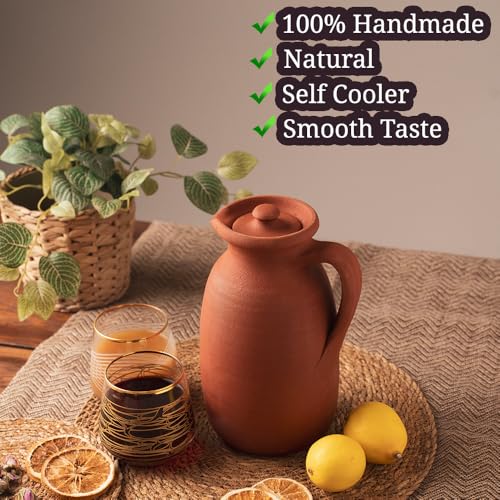 Vissmarta Handmade Natural Clay Terracotta Earthenware Earthen Water Pitcher Jug Pot with Lid for Drinking Drink Ayurveda Healthy Unglazed Pottery Style Indian Mud Kitchen Farmhouse Bottle Mexican Bohemian - Image 4