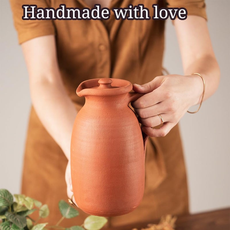 Vissmarta Handmade Natural Clay Terracotta Earthenware Earthen Water Pitcher Jug Pot with Lid for Drinking Drink Ayurveda Healthy Unglazed Pottery Style Indian Mud Kitchen Farmhouse Bottle Mexican Bohemian - Image 2