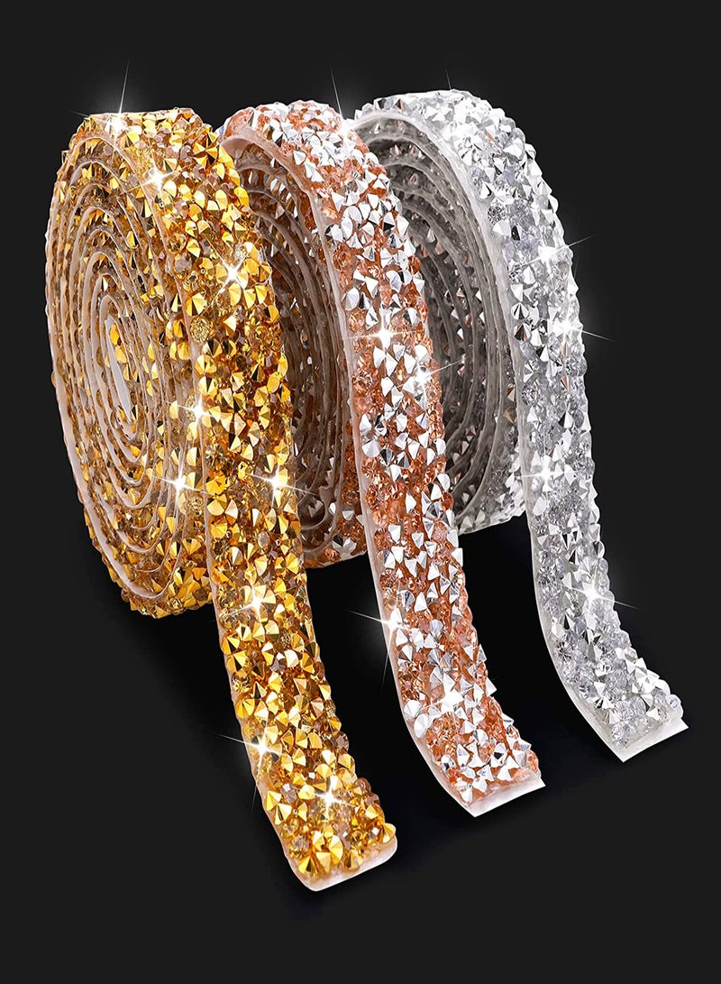 Excefore Crystal Rhinestone Diamond Ribbon 3 Rolls Self Adhesive Crystal Rhinestone Ribbon Stickers Glitter DIY Ribbon Roll Diamond Belt for Crafts Wedding Birthday Clothing Car Decor (1Yard x 0.6") - Image 1