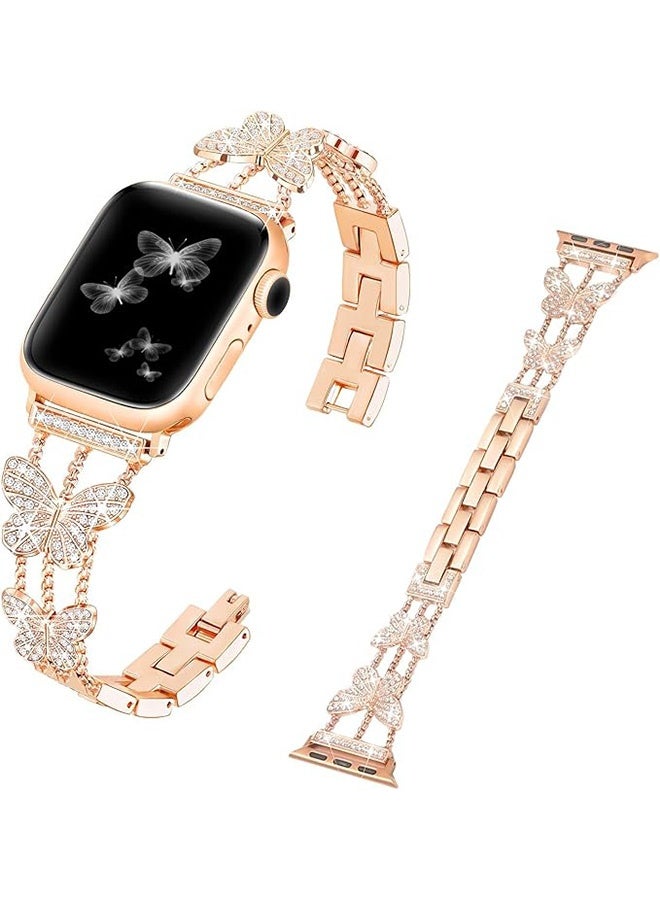 الفراشة شرارة معدنية الماس ستارلايت باند ل آبل ووتش، متوافق مع آبل ووتش سلسلة 11 46 مم / سلسلة 10 46 مم، المجوهرات استبدال باند للنساء (الذهب الوردي) - Image 1