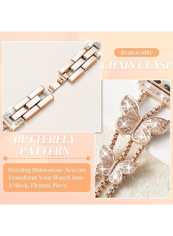 الفراشة شرارة معدنية الماس ستارلايت باند ل آبل ووتش، متوافق مع آبل ووتش سلسلة 11 46 مم / سلسلة 10 46 مم، المجوهرات استبدال باند للنساء (الذهب الوردي) - Image 3