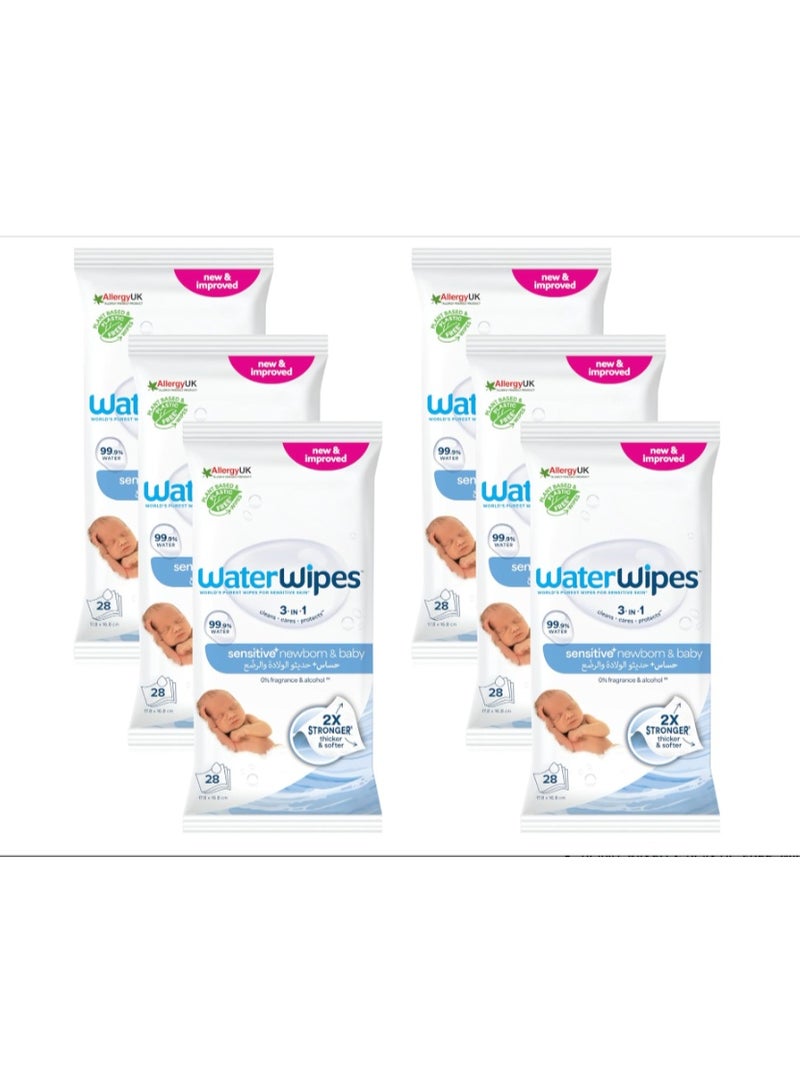 WaterWipes Sensitive+ Newborn & Baby Wipes, Travel Size, 28 Wipes (Pack of 6, 168 Total Wipes), 99.9% Water, Fragrance Free - Image 1