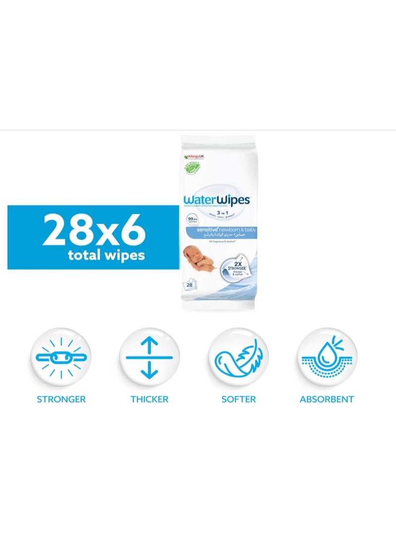 WaterWipes Sensitive+ Newborn & Baby Wipes, Travel Size, 28 Wipes (Pack of 6, 168 Total Wipes), 99.9% Water, Fragrance Free - Image 2