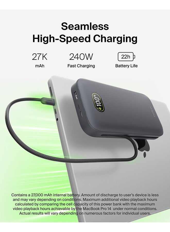 بيلكين بنك طاقة UltraCharge Pro 27000mAh، شاحن محمول مع كابل USB C مدمج، 240W USB PD - حزمة بطارية للشحن السريع لجهاز MacBook Pro، iPhone، iPad، Galaxy، Pixel والمزيد - لون فحم - Image 2