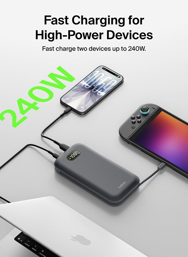بيلكين بنك طاقة UltraCharge Pro 27000mAh، شاحن محمول مع كابل USB C مدمج، 240W USB PD - حزمة بطارية للشحن السريع لجهاز MacBook Pro، iPhone، iPad، Galaxy، Pixel والمزيد - لون فحم - Image 3