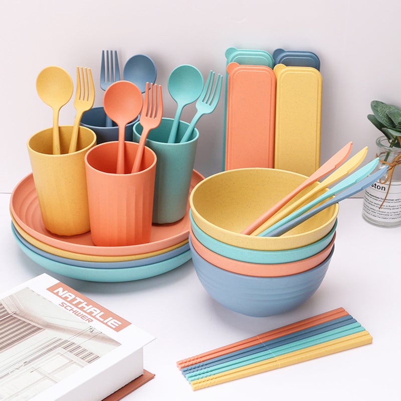 32PCs Food-grade Wheat Straw Dinnerware Set Microwave Dishwasher Freezer Safe Plates Bowls Cups Spoons Forks Chopsticks Cutters Cutlery Boxes Practical Tableware Reusable Kitchen - Image 5