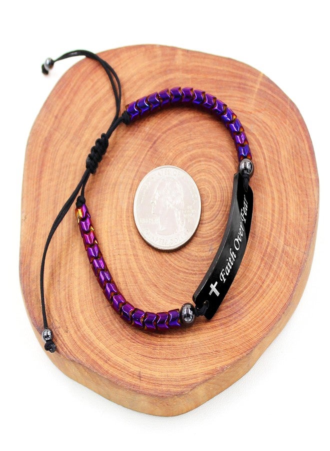 Uloveido Faith Over Fear Bracelets, Purple Hematite Braided Cord Handmade Encouragement Bracelet for Women Y2300 (Purple) - Image 4