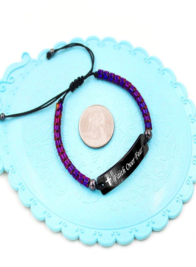 Uloveido Faith Over Fear Bracelets, Purple Hematite Braided Cord Handmade Encouragement Bracelet for Women Y2300 (Purple) - Image 5