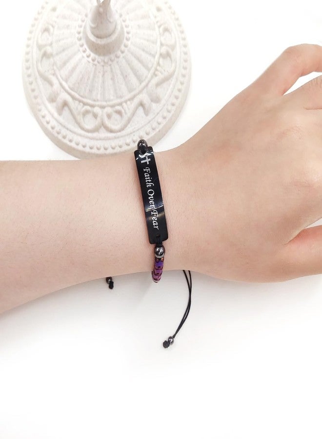 Uloveido Faith Over Fear Bracelets, Purple Hematite Braided Cord Handmade Encouragement Bracelet for Women Y2300 (Purple) - Image 2