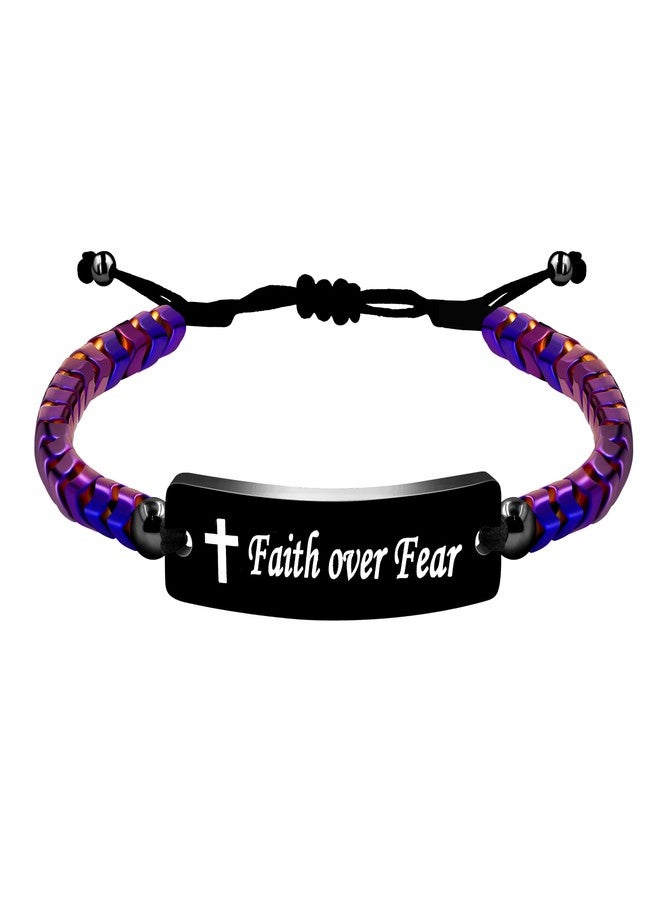 Uloveido Faith Over Fear Bracelets, Purple Hematite Braided Cord Handmade Encouragement Bracelet for Women Y2300 (Purple) - Image 1