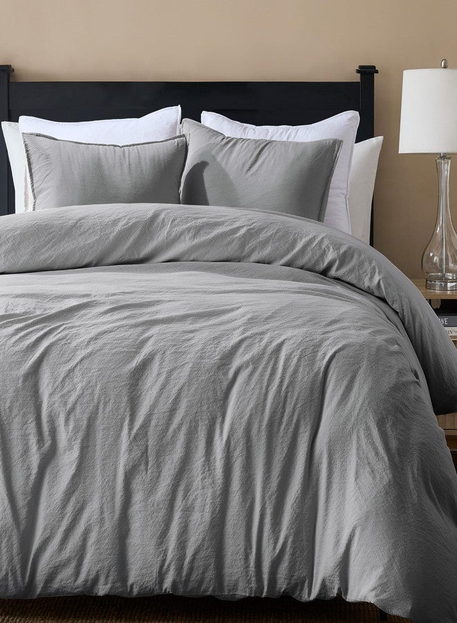 WDCOZY طقم غطاء لحاف جاكار رمادي مقاس كينج من WDCOZY مع سحاب إغلاق، طقم مفروشات عصري ناعم مخطط، خط قطني محكم يشبه قماش السيرسيكر، غطاء لحاف واحد و2 غطاء وسادة، بدون لحاف داخلي - Image 1